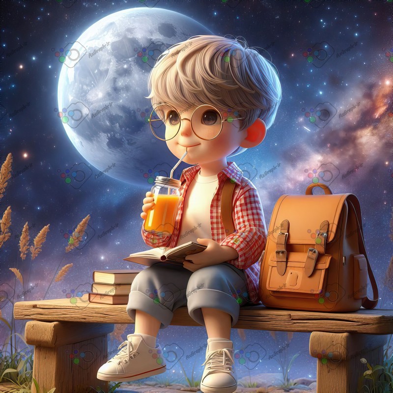 بک گراند کودکانه پسربچه با مزه در حال نوشیدن آب پرتقال و مطالعه-کد 44499(ویژه عکس گراف)