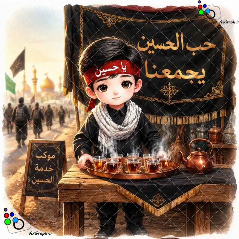 بک گراند کودکانه پسربچه با چفیه و سربند یا حسین در حال خدمت در موکب-کد 44862(ویژه عکس گراف)