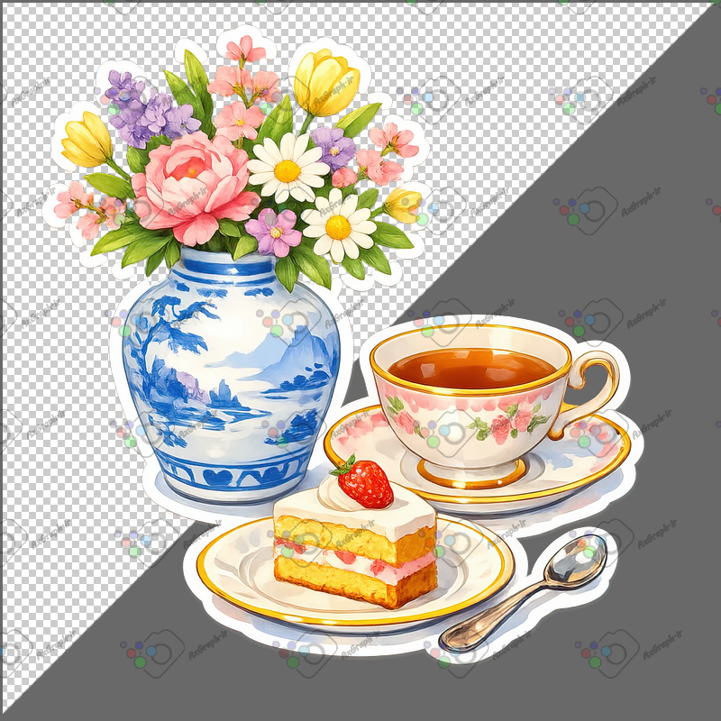 طرح برچسب فنجان چای و برش کیک و گلدان چینی-کد 70087(ویژه عکس گراف)