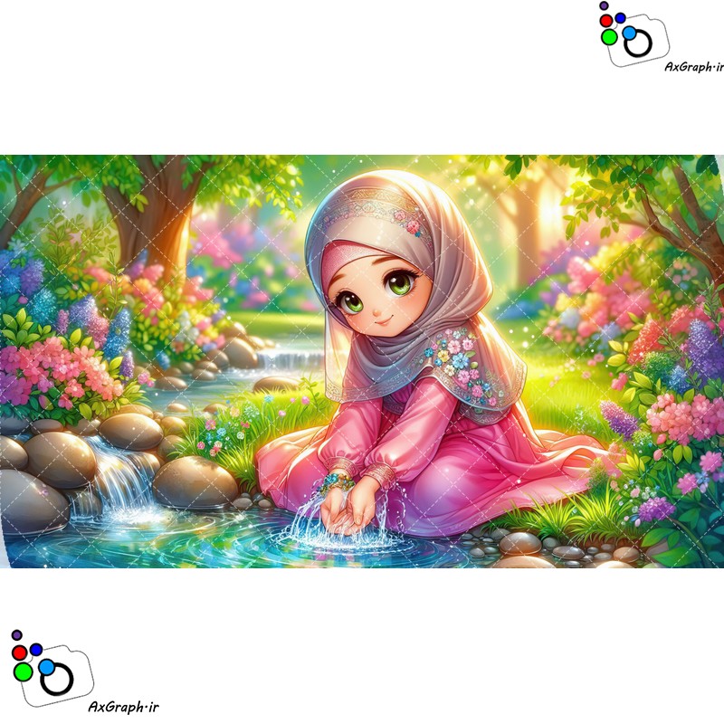 بک گراند کودکانه دختر ناز با حجاب در حال شستن دستها در برکه-کد 44839(ویژه عکس گراف)
