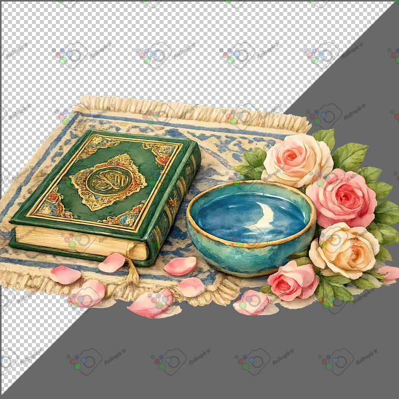 طرح برچسب قرآن و سجاده و کاسه آب و گل رز-کد 70193(ویژه عکس گراف)