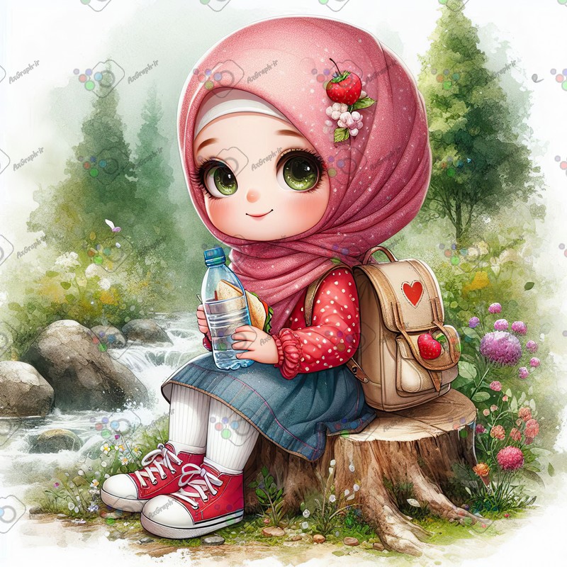 بک گراند کودکانه دختر کوچولوی ناز با حجاب نشسته روی کنده درخت با بطری آب و ساندویچ-کد 44482(ویژه عکس گراف)