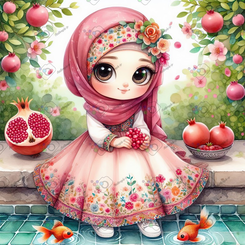 بک گراند کودکانه یلدا با طرح دختر بچه با حجاب کنار حوض کاشی در باغ انار-کد 44720(ویژه عکس گراف)