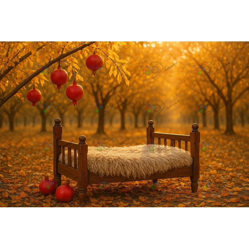بک دراپ کودک و نوزاد تخت خواب چوبی در باغ انار-کد 55402(ویژه عکس گراف)