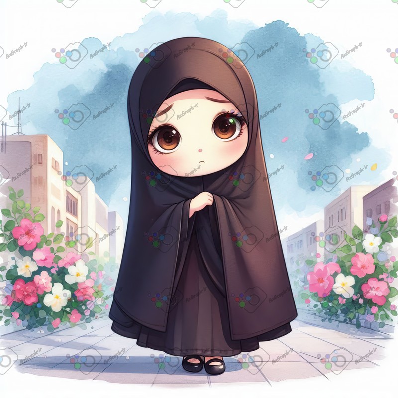 بک گراند کودکانه دختر کوچولوی ناز چادری با چهره غمگین در خیابان-کد 44346(ویژه عکس گراف)