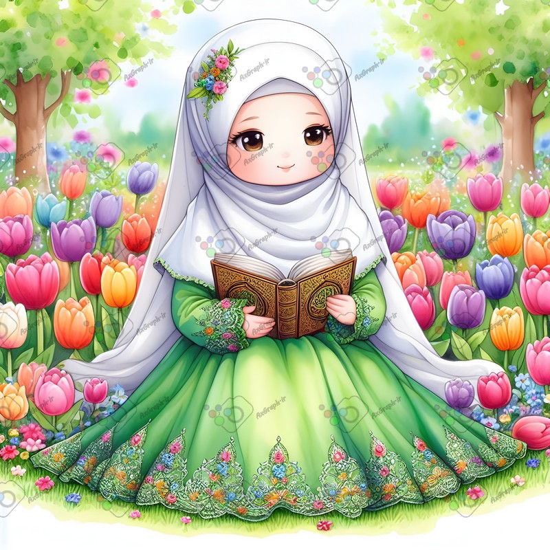 بک گراند کودکانه دختر بچه ناز با حجاب در حال قرآن خواندن در باغ لاله ها-کد 44574(ویژه عکس گراف)
