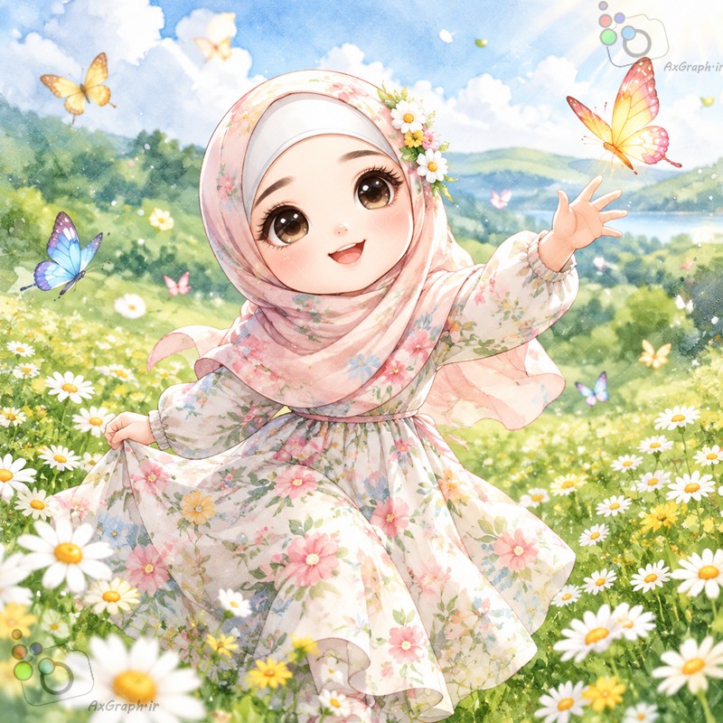 🌸 طرح دختربچه شاد با روسری و پیراهن گل‌دار صورتی در دشت بهاری و پروانه‌ها - کد ۴۵۰۰۱ (ویژه عکس گراف) 🦋