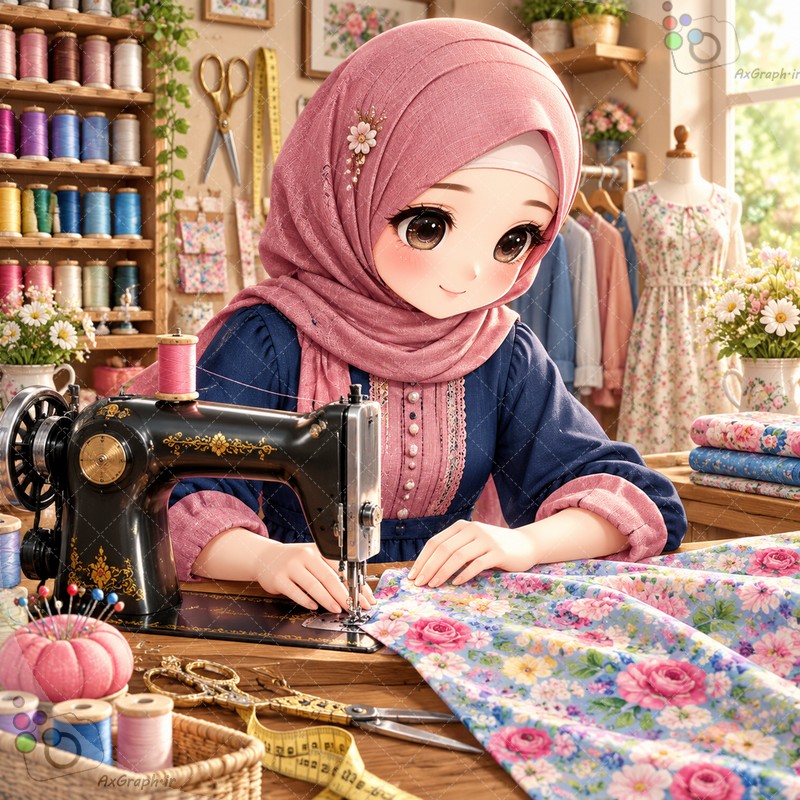 طرح دختر باحجاب خیاط با چرخ خیاطی و پارچه‌های گل‌گلی در کارگاه خیاطی روشن و پرانرژی - کد ۴۵۰۳۱ (ویژه عکس گراف)