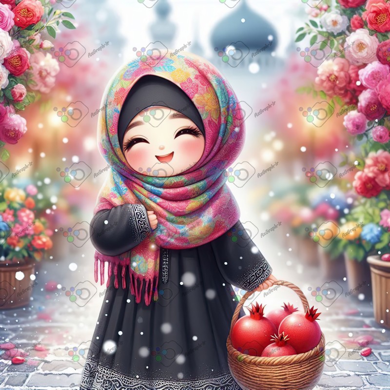 بک گراند کودکانه یلدا با طرح دختر بچه با حجاب خندان با سبد انار ایستاده در خیابان برفی-کد 44742(ویژه عکس گراف)