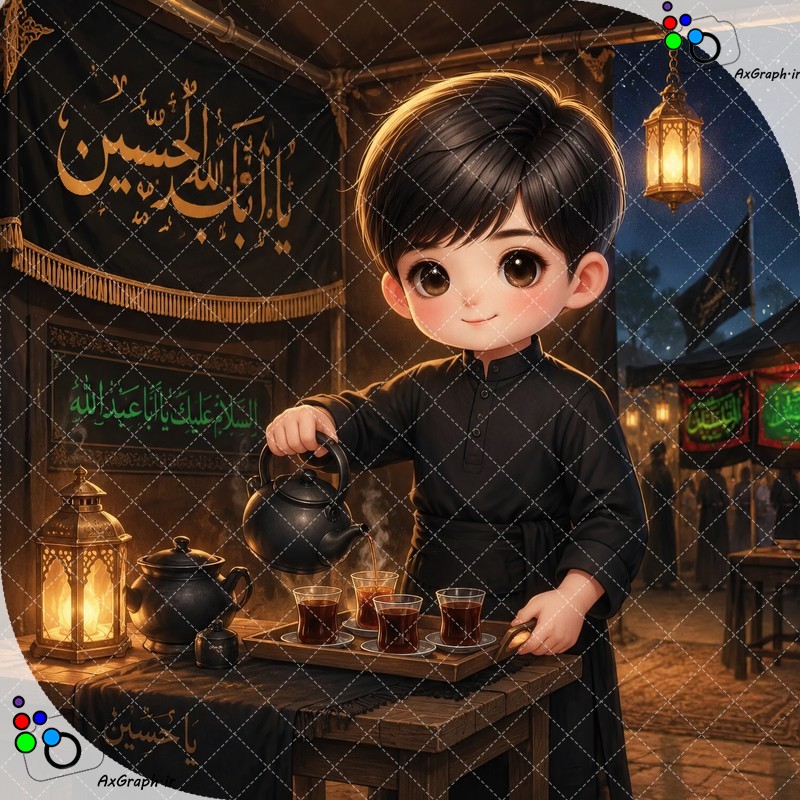 بک گراند کودکانه پسربچه با لباس مشکی در موکب در حال چای ریختن برای زوار-کد 44859(ویژه عکس گراف)