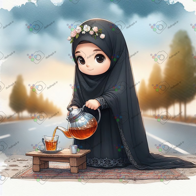 بک گراند کودکانه دختر کوچولوی ناز با چادری ایستاده در جاده در حال چای ریختن-کد 44485(ویژه عکس گراف)