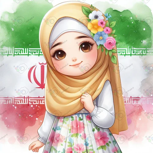 بک گراند کودکانه دختر ناز با حجاب با پس زمینه پرچم ایران-کد 41008(ویژه عکس گراف)