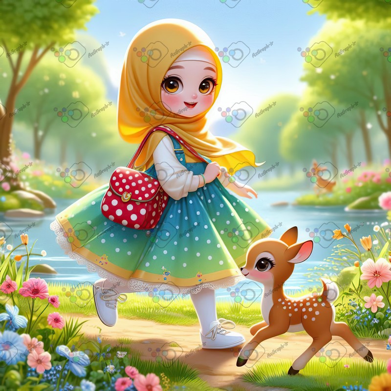 بک گراند کودکانه دختر بچه ناز با حجاب و بچه آهو کنار برکه-کد 44395(ویژه عکس گراف)