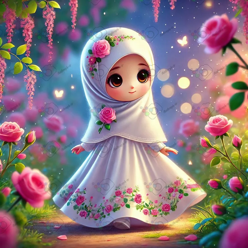 بک گراند کودکانه دختر کوچولوی ناز با حجاب در باغ گل رز-کد 43675(ویژه عکس گراف)
