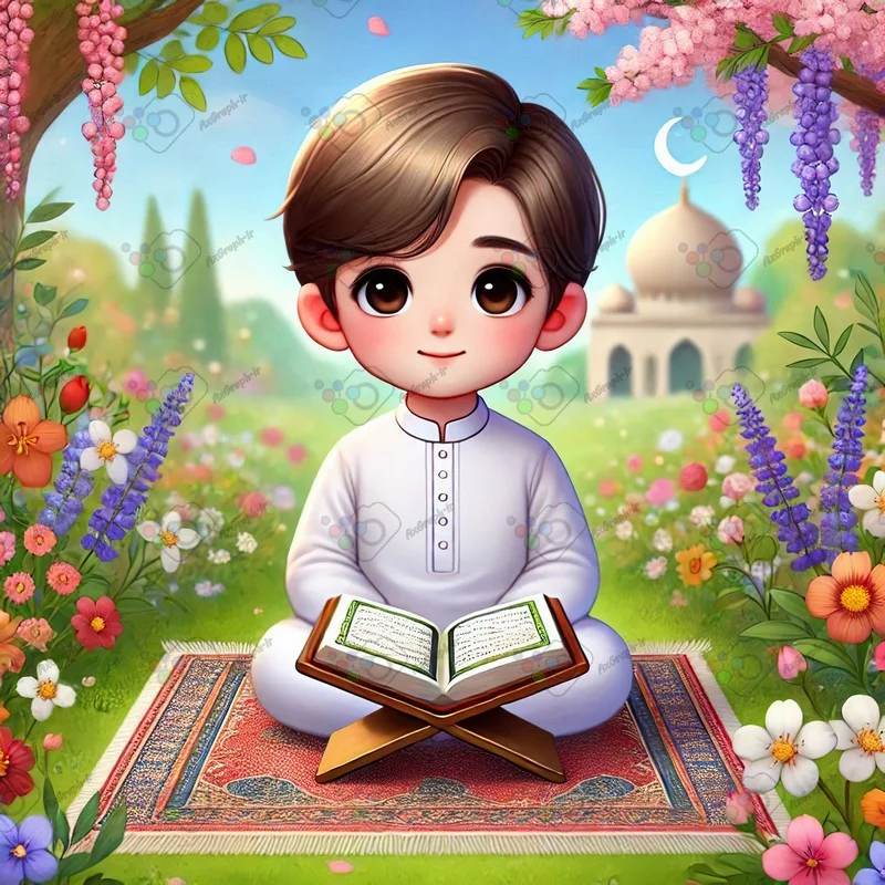 بک گراند کودکانه پسر نوجوان نشسته روی سجاده در حال قرآن خواندن در باغ گل-کد 43803(ویژه عکس گراف)