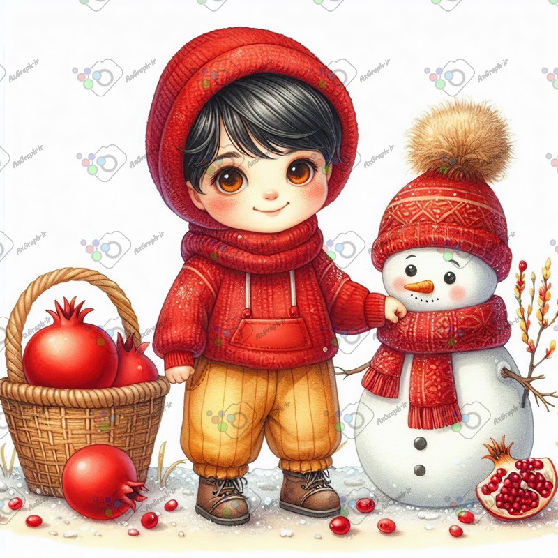 بک گراند کودکانه یلدا با طرح پسربچه و آدم برفی و سبد انار-کد 44797(ویژه عکس گراف)