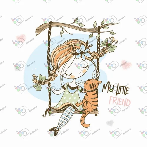 وکتور کودکانه دختر با نمک و گربه نارنجی روی تاب-کد 11069