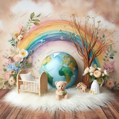 بک دراپ نوزاد تخت خواب و کره زمین و گلدون و رنگین کمان و خرسی-کد 55032(ویژه عکس گراف)