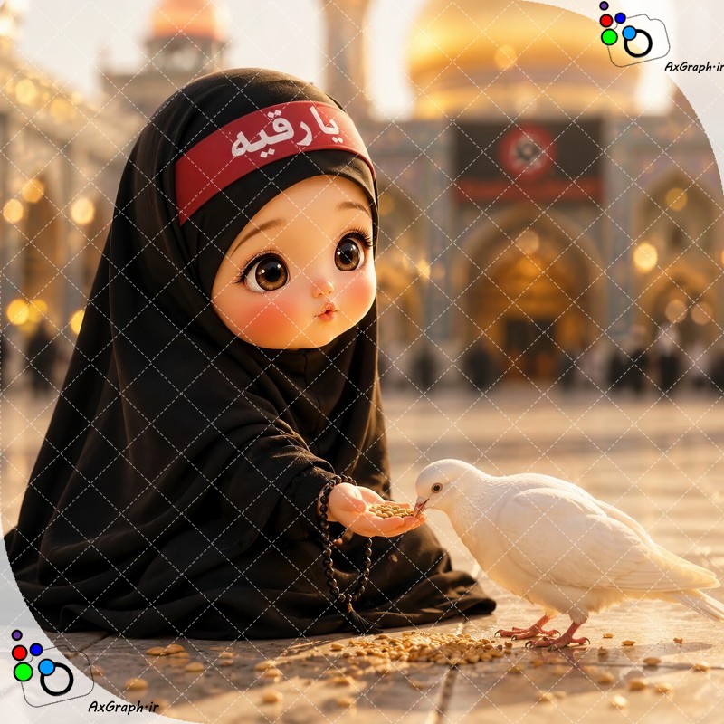 بک گراند کودکانه دختر کوچولوی ناز چادری با سربند قرمز یا رقیه در حال دانه دادن به کبوتر در حیاط حرم-کد 44849(ویژه عکس گراف)
