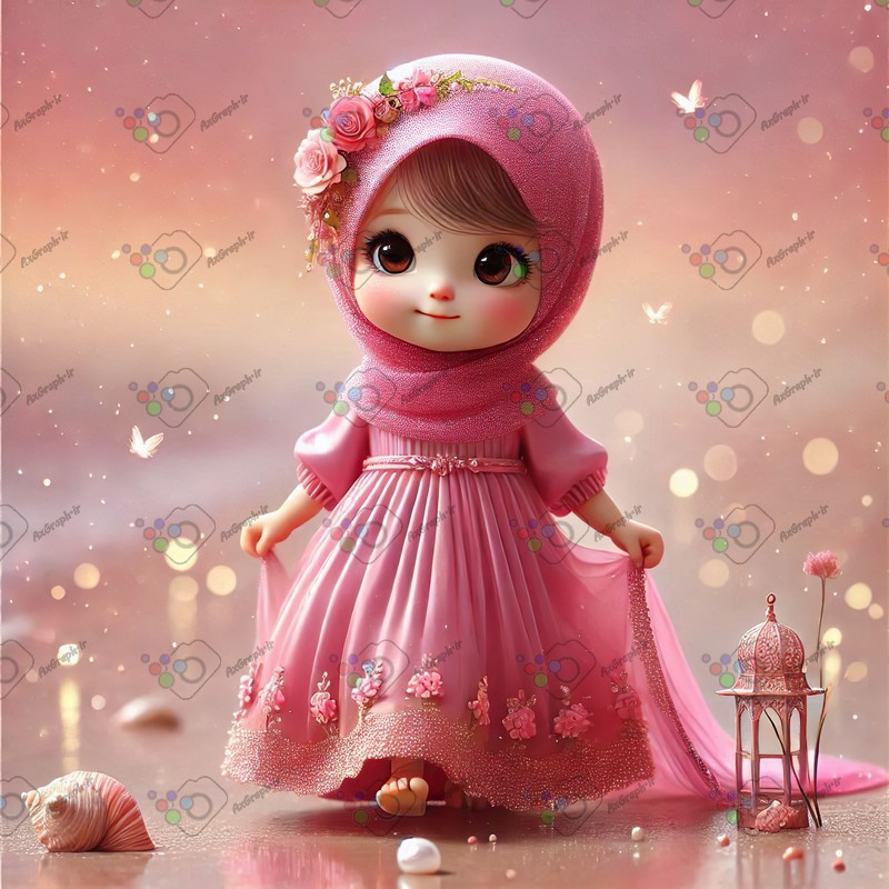 بک گراند کودکانه دختر ریزه میزه ناز با حجاب در حال قدم زدن در ساحل-کد 44513(ویژه عکس گراف)