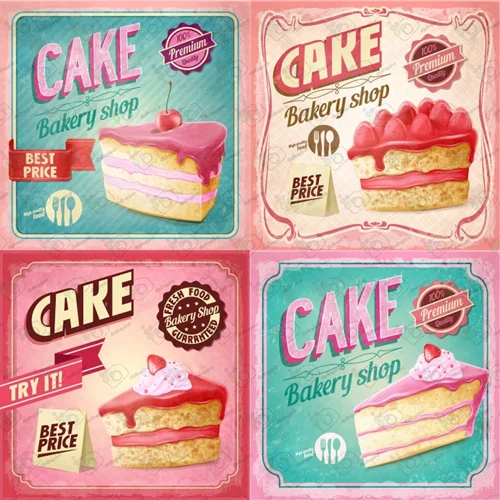 دانلود وکتور پوستر شیرینی پزی با طرح برش کیک خامه ای توت فرنگی در 4 طرح -کد 10360