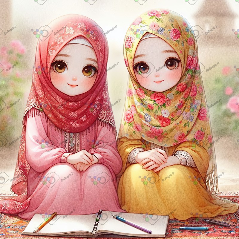 بک گراند کودکانه دختران ناز با حجاب با دفتر و مداد-کد 44457(ویژه عکس گراف)