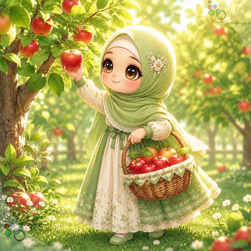 طرح دختربچه باحجاب در حال چیدن سیب در باغ میوه - کد ۴۴۹۶۶ (ویژه عکس گراف)