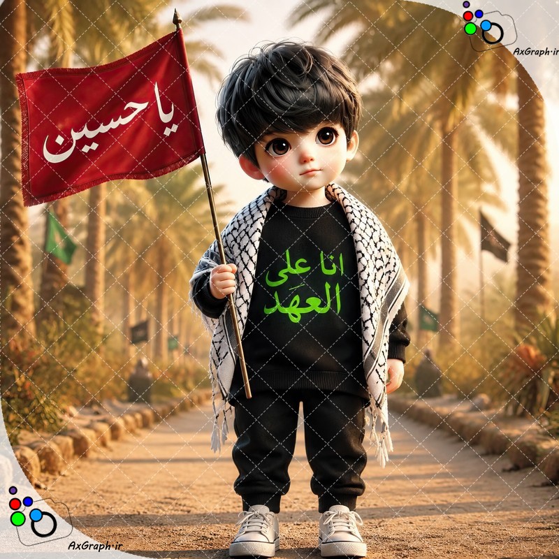 بک گراند کودکانه پسربچه با لباس مشکی و چفیه و پرچم قرمز یا حسین-کد 44858(ویژه عکس گراف)