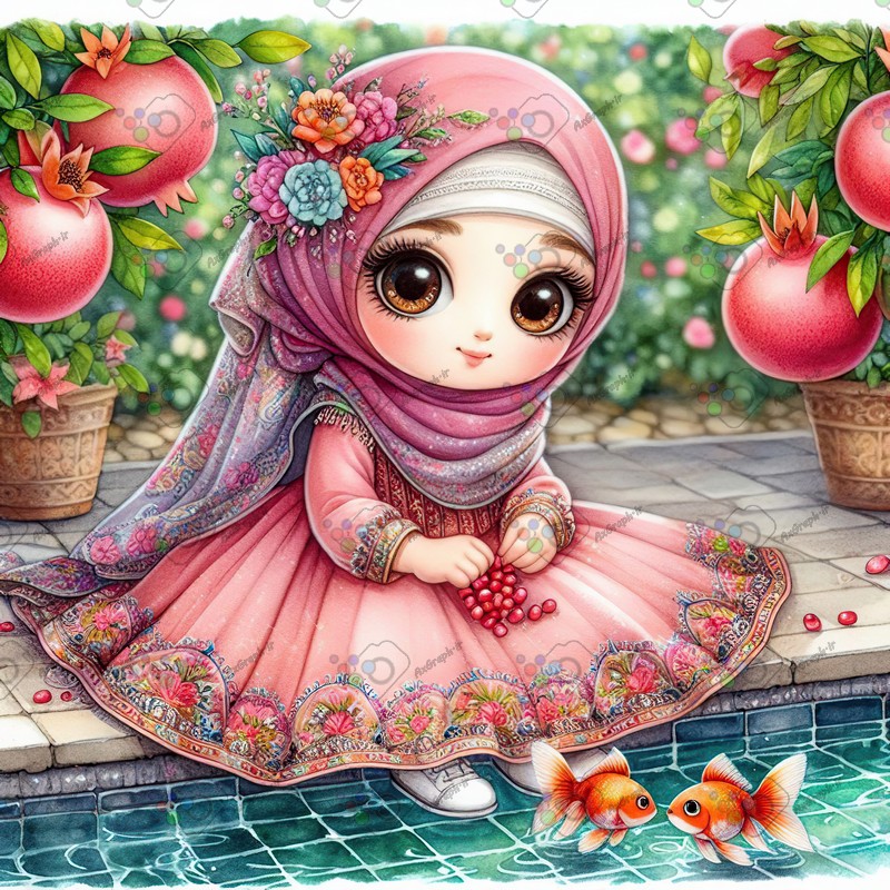 بک گراند کودکانه یلدا با طرح دختر بچه با حجاب و انار و حوض کاشی و ماهی قرمز-کد 44727(ویژه عکس گراف)