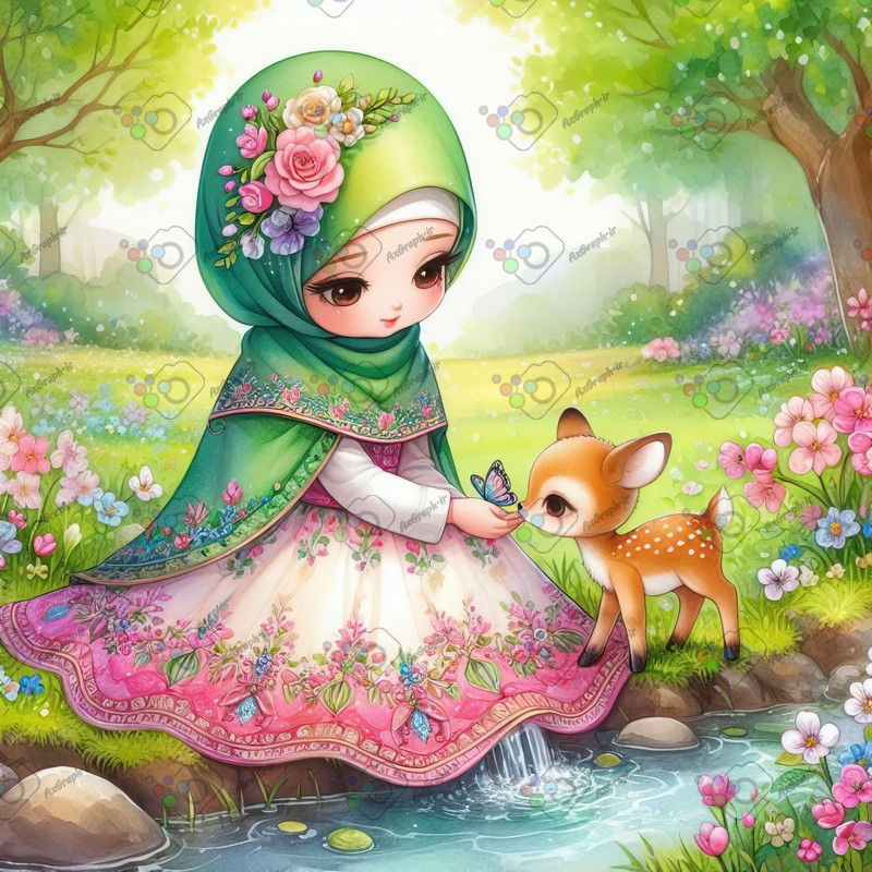 بک گراند کودکانه دختربچه ناز با حجاب و بچه آهوی ناز کنار چشمه-کد 44814(ویژه عکس گراف)