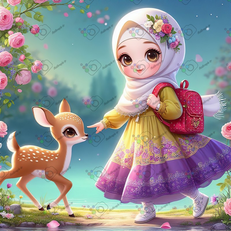 بک گراند کودکانه دختر بچه ناز با حجاب و بچه آهوی ناز در باغ رز صورتی-کد 44419(ویژه عکس گراف)