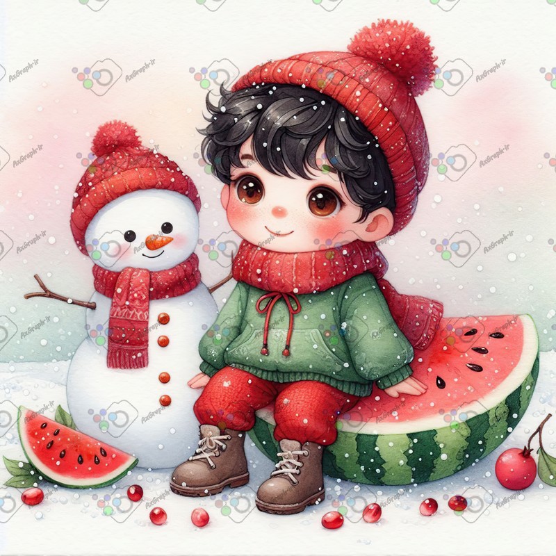 بک گراند کودکانه یلدا با طرح پسربچه نشسته روی هندونه کنار آدم برفی-کد 44751(ویژه عکس گراف)