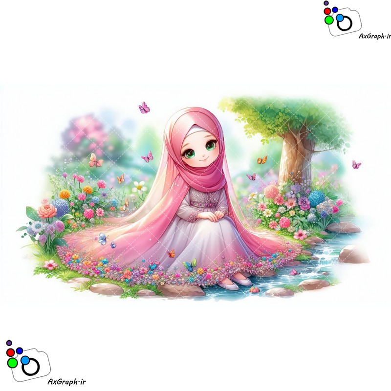 بک گراند کودکانه دختر ناز با حجاب نشسته کنار چشمه-کد 44842(ویژه عکس گراف)