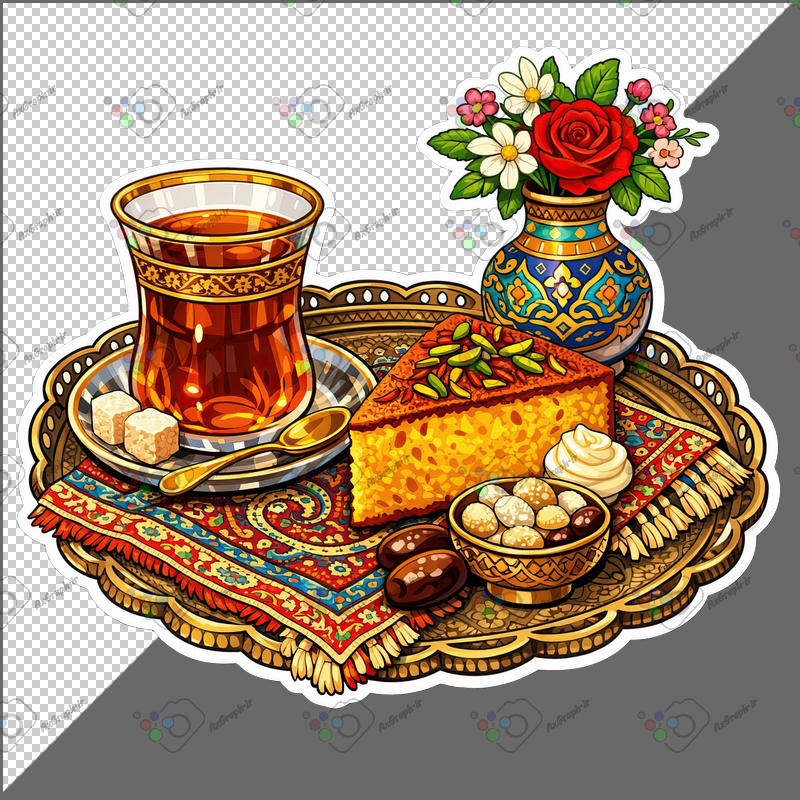 طرح برچسب استکان چای و کیک و نقل و گلدان-کد 70093(ویژه عکس گراف)