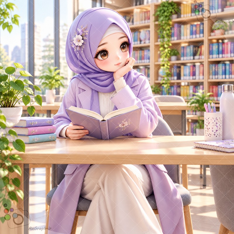 🌟📚 طرح دختر فانتزی با لباس یاسی در حال مطالعه کتاب در کتابخانه - کد ۴۴۹۹۰ (ویژه عکس گراف) 💜🌸✨