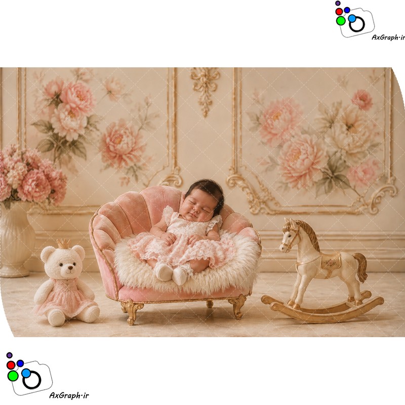 بک دراپ نوزاد مبل صورتی و اسب چوبی و خرسی تم دخترونه-کد 55505(ویژه عکس گراف)