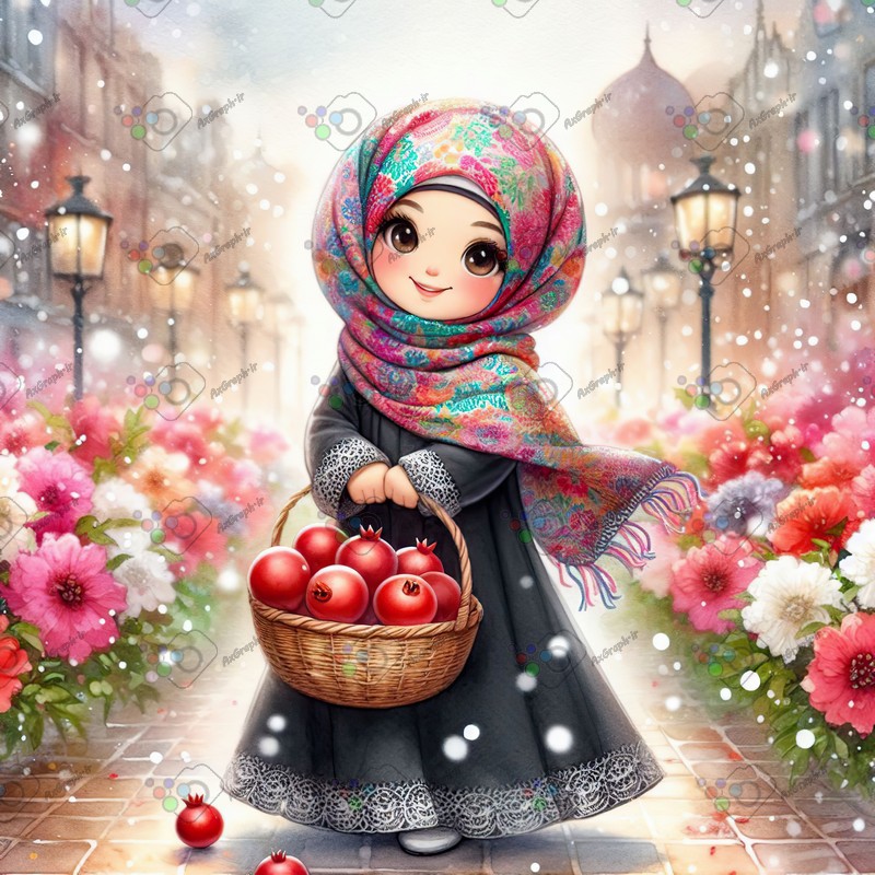 بک گراند کودکانه یلدا با طرح دختر با حجاب با سبد انار در خیابان برفی-کد 44731(ویژه عکس گراف)