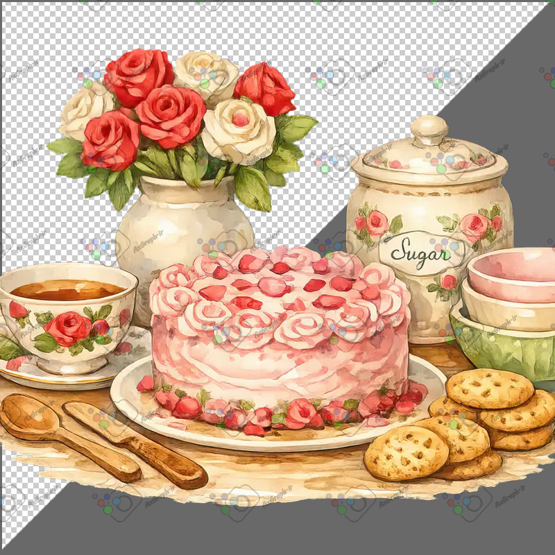 طرح برچسب فانتزی کیک توت فرنگی و کوکی و ظروف سرامیکی-کد 70202(ویژه عکس گراف)