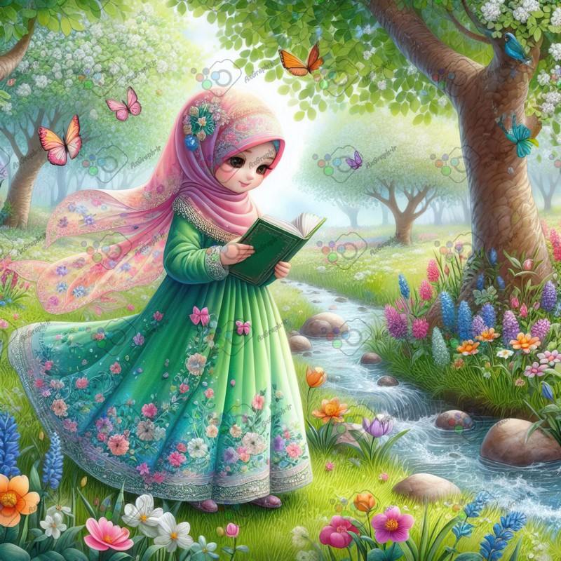 بک گراند کودکانه دختربچه ناز با حجاب در حال مطالعه و قدم زدن در میان گلها-کد 44809(ویژه عکس گراف)
