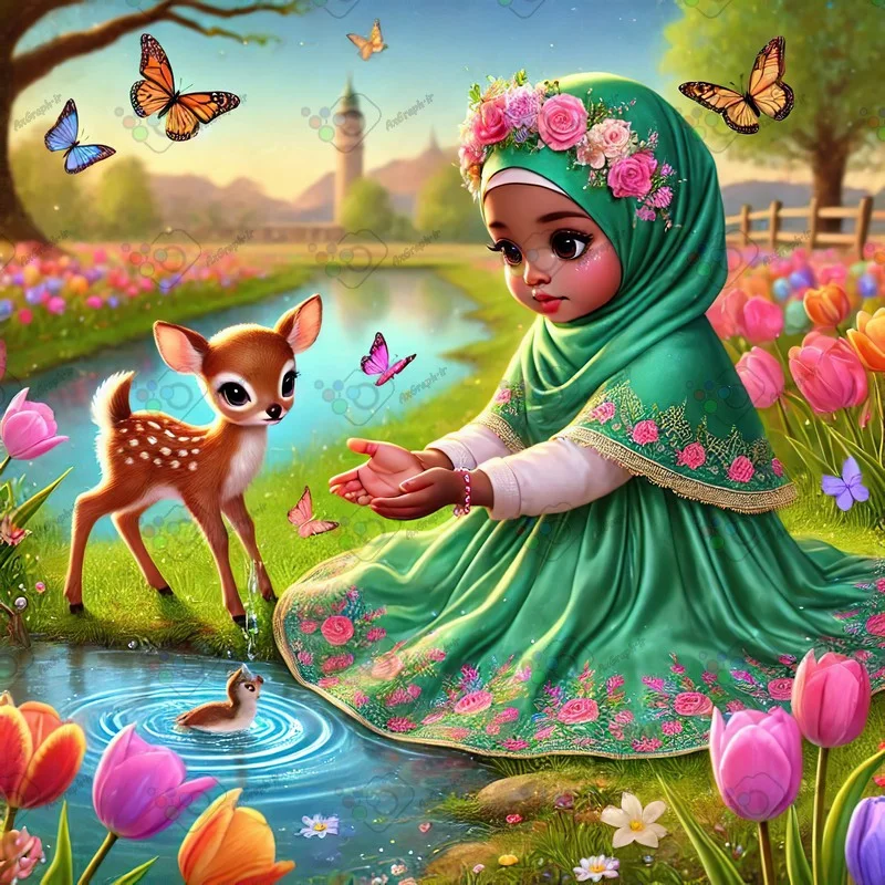 بک گراند کودکانه دختر بچه ناز با حجاب و بچه آهوی ناز نشسته کنار دریاچه-کد 43958(ویژه عکس گراف)