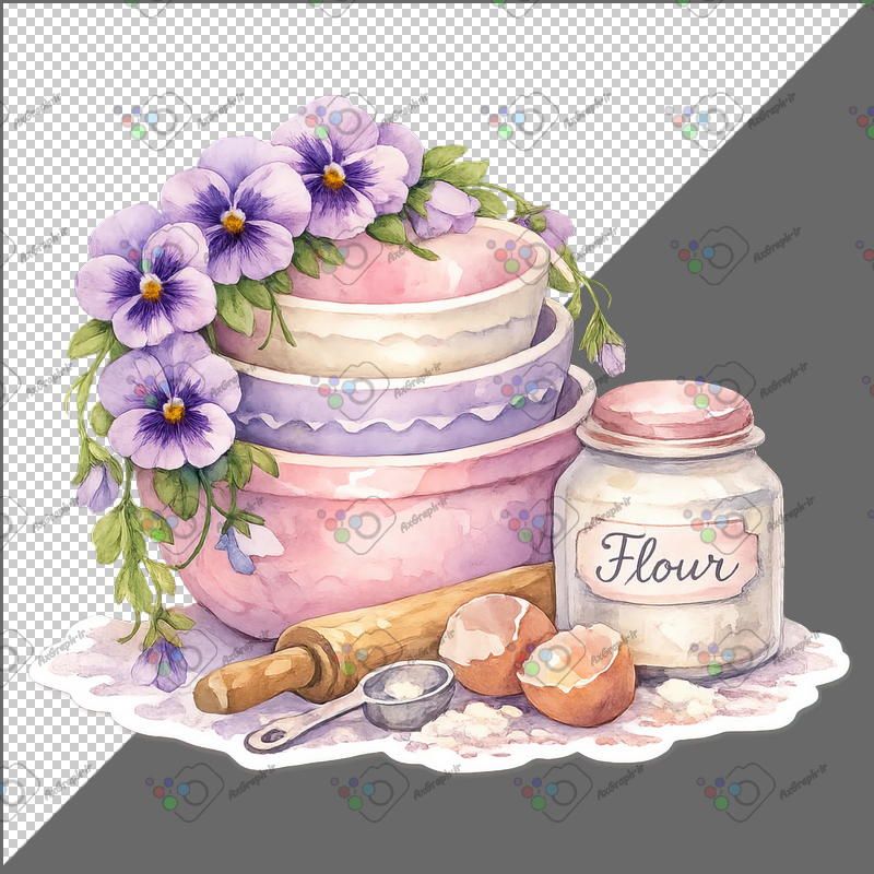 طرح برچسب فانتزی کاسه رنگی و گل بنفشه-کد 70113(ویژه عکس گراف)