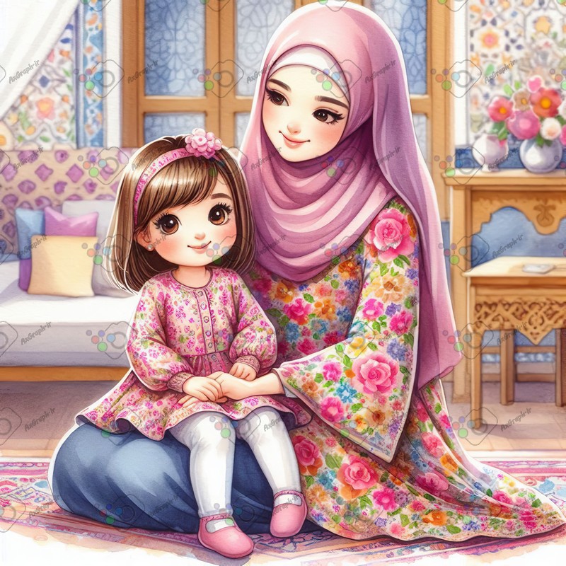 بک گراند کودکانه دختر کوچولوی ناز نشسته روی پای مامان با حجابش-کد 44431(ویژه عکس گراف)