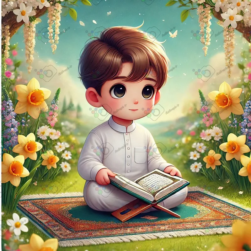 بک گراند کودکانه پسر کوچک نشسته روی سجاده در حال قرآن خواندن در باغ زیبای گلهای نرگس-کد 43811(ویژه عکس گراف)
