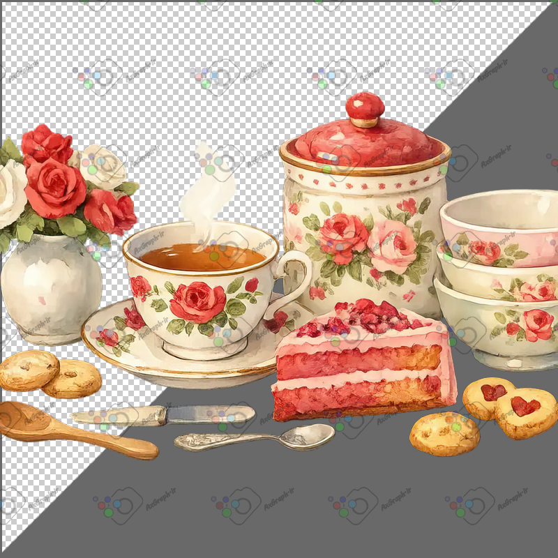 طرح برچسب فانتزی فنجای چای و کیک ظروف سرامیکی-کد 70218(ویژه عکس گراف)