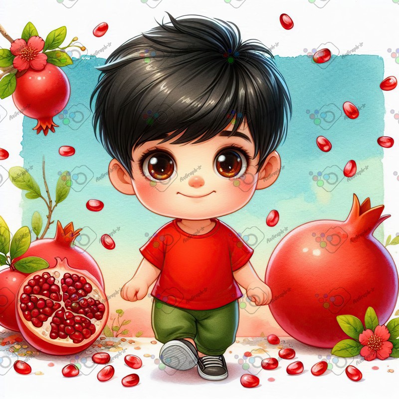 بک گراند کودکانه یلدا با طرح پسربچه با مزه و دانه های انار و انار-کد 44790(ویژه عکس گراف)