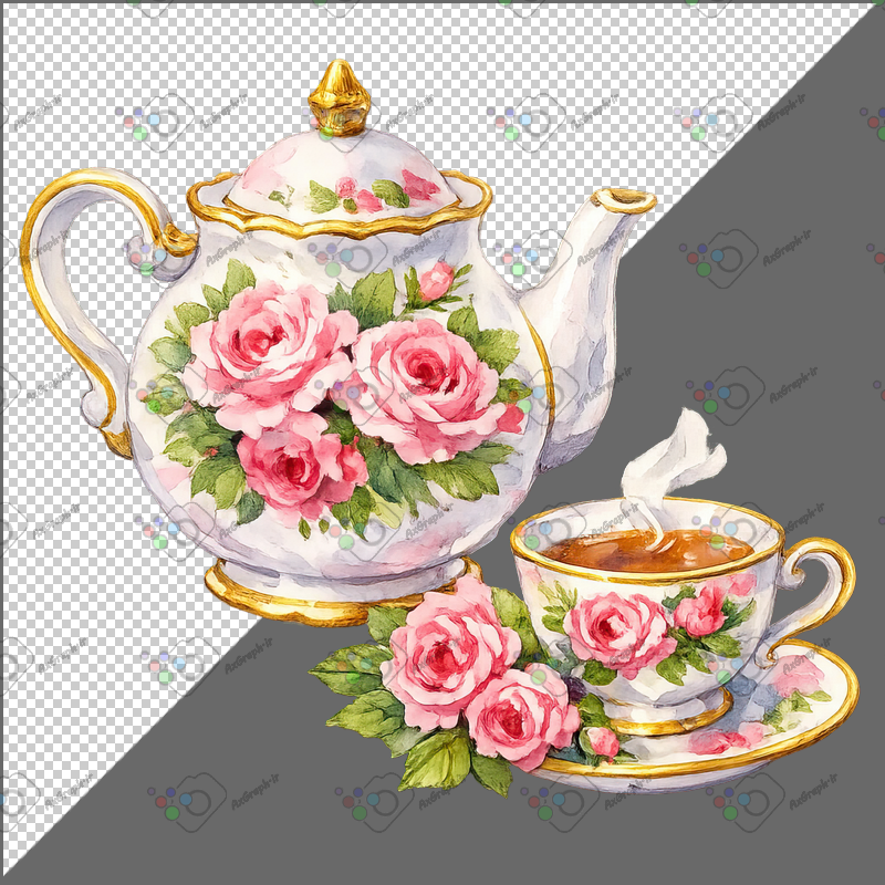 طرح برچسب فنجان چای و قوری چینی گل رز-کد 70089(ویژه عکس گراف)