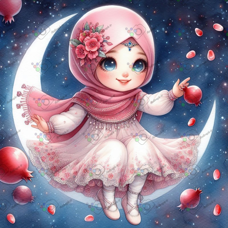 بک گراند کودکانه یلدا با طرح دختر بچه با حجاب و ماه و انار-کد 44666(ویژه عکس گراف)