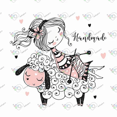 وکتور کودکانه دختر با نمک بافنده روی گوسفند-کد 11046
