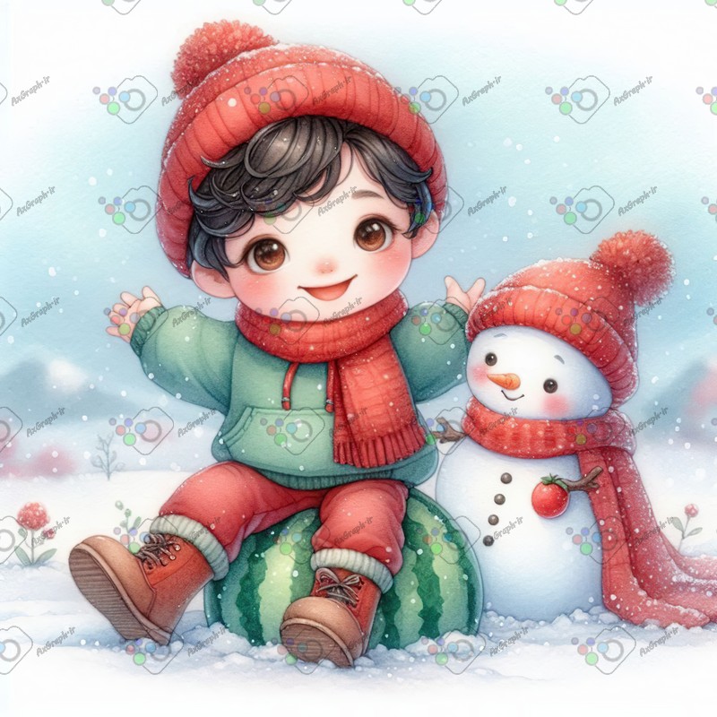 بک گراند کودکانه یلدا با طرح آدم برفی و پسربچه روی هندونه در روز برفی-کد 44749(ویژه عکس گراف)