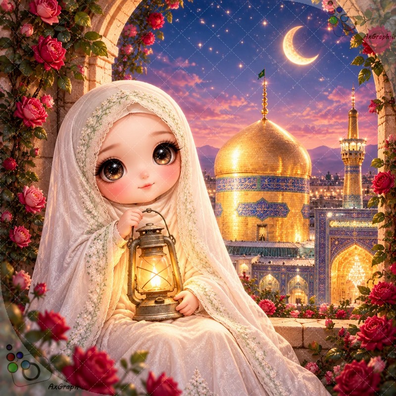 طرح دختربچه چادری با فانوس روشن کنار پنجره گل‌آرایی‌شده رو به گنبد طلایی حرم و هلال ماه - کد ۴۵۰۳۰ (ویژه عکس گراف)